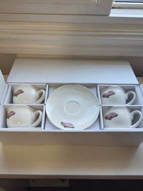 Mary Kay Branded Set of 4 Cups and Saucers with Pink Cadillac - Set #1
